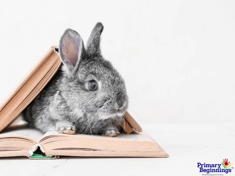 A bunny coming out of a book for the blog post titled, "Easter Activities for Toddlers." 